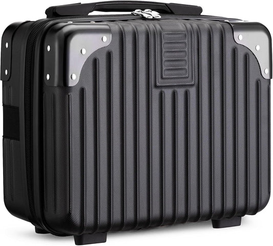 14 Inch Portable Hard Shell Cosmetic Travel Case, Mini Travel Hand Luggage with Elastic Band Travel Makeup Case, Small Makeup Carrying Suitcase for Train Cosmetic Bag Travel Camping - Black