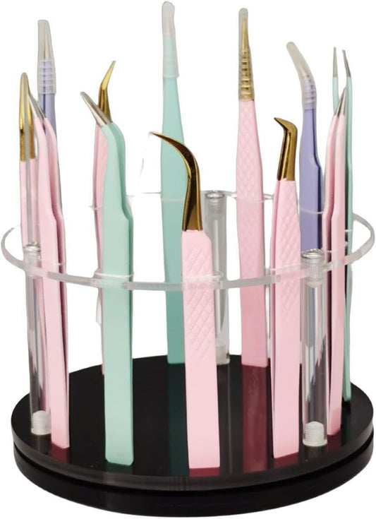 12 Holes Acrylic Rotatable Tweezers Holder, Eyelash Makeup Grafting Tweezer Display Stand Extensions Organizer Training Rack Beauty Tools (Black)
