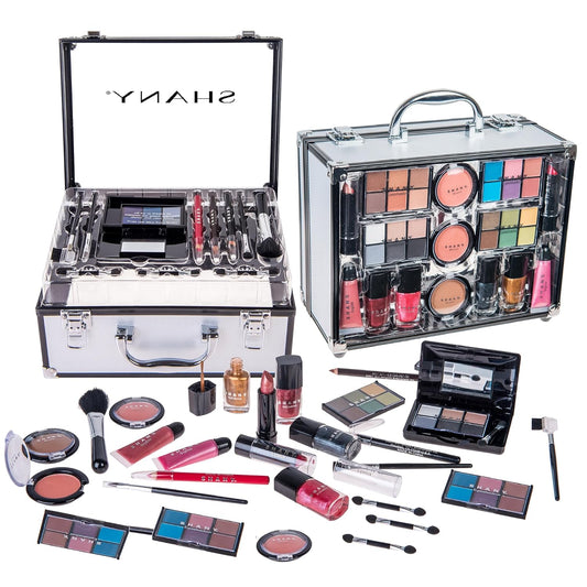 Carry All Trunk Makeup Train Case with Re-Usable Aluminum Beauty Storage Organizer Case. Make up Set with Eye Palettes, Blushes,Face Powders, Manicure, Pedicure and Cosmetics Brushes.