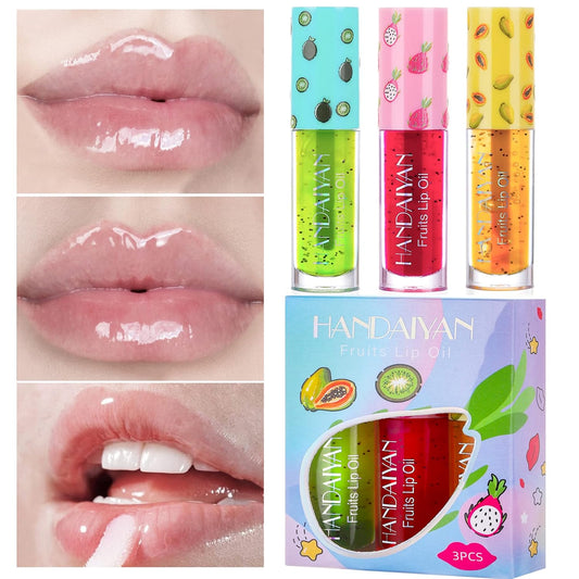 3Pcs Fruit Lip Oil, Hydrating Lip Glow Oil Plumping Glass Finish Moisturizing Lip Gloss Lip Tint Fruit Extract Lip Oil Tinted for Dry Lip and Lip Care