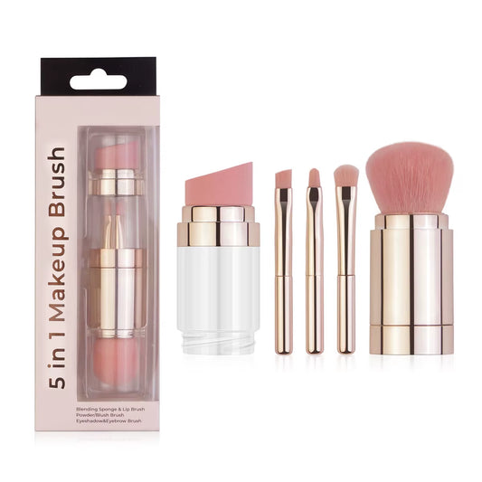 5-In-1 Detachable Travel Makeup Brush Set, Powder Eyeshadow Blush Brush with Vegan Synthetic Bristles, Multi-Functional Beauty