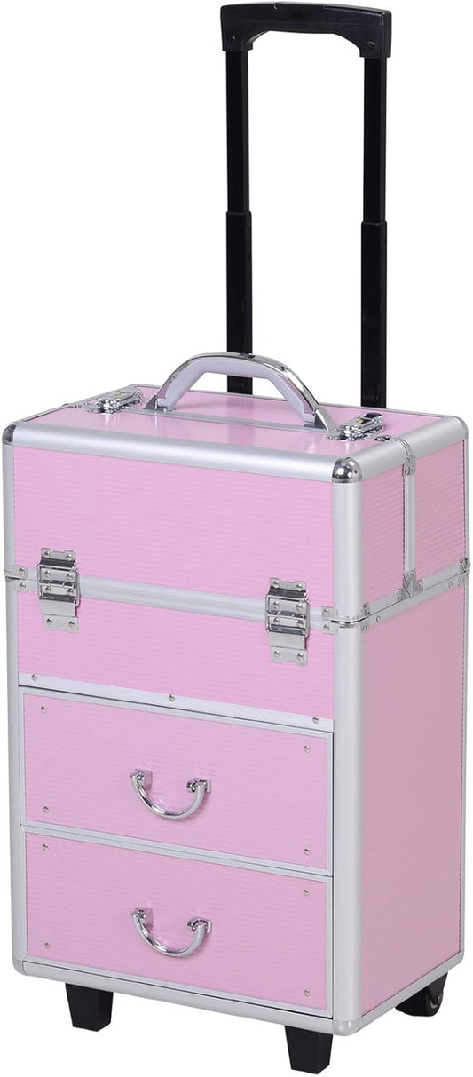 HOMCOM Rolling Makeup Train Case, Large Storage Cosmetic Trolley, Lockable Traveling Cart Trunk with Folding Trays, Swivel Wheels and Keys, Pink