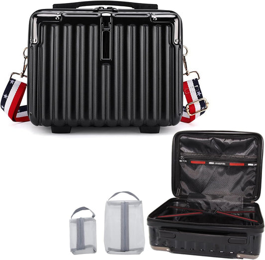 Makeup Travel Case, Hard Shell Cosmetic Case Organizer, Portable Cosmetic Bag, Mini Makeup Luggage with Shoulder Strap, ABS Surface, Zipper, Large Capacity, Black