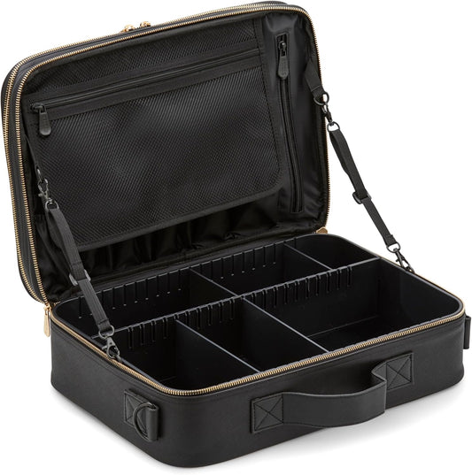 - Large Cosmetic Travel Case - Black Leather - Stylish Travel Makeup Bag Organizer with Dividers