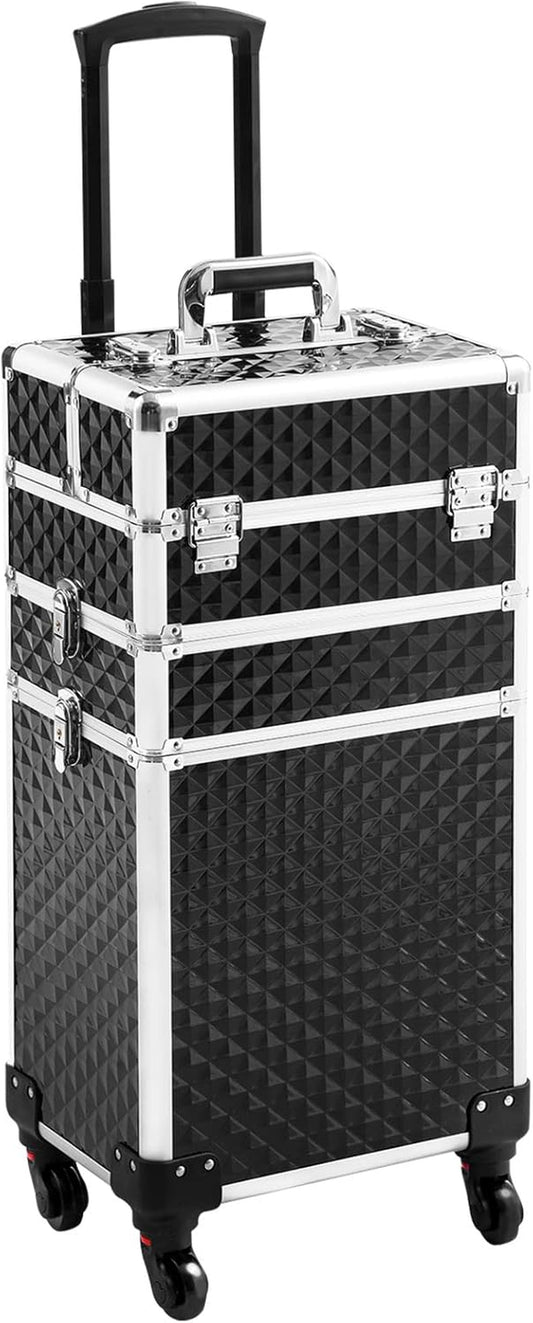 Rolling Makeup Case 3 in 1,Professional Makeup Train Case Organizers,Large Storage Cosmetic Case Trolley,Makeup Travel Case for Salon Barber Black