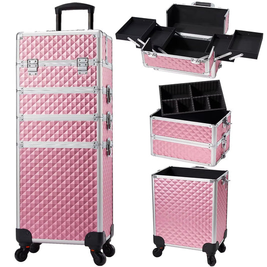 Rolling Makeup Train Case Cosmetic Trolley 4 in 1 Large Capacity Makeup Travel Case with Key Wheels Salon Barber Case Traveling