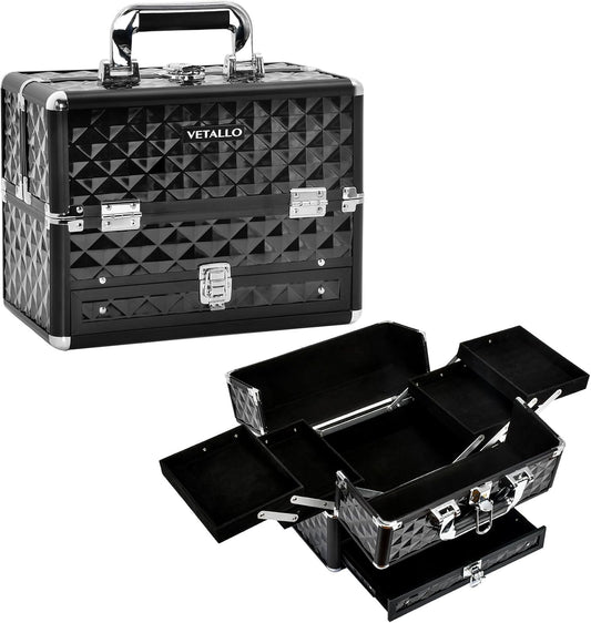 Large Makeup Train Cases with Bottom Drawer, Professional Makeup Case Organizer I Makeup Travel Case I Portable Make up Case I Makeup Case Organizer I Makeup Box Organizer I Black, HX-001