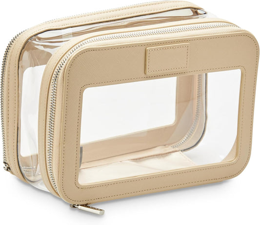 - Clear Makeup Travel Case Beige Double-Sided Cosmetic Case with Transparent Panels