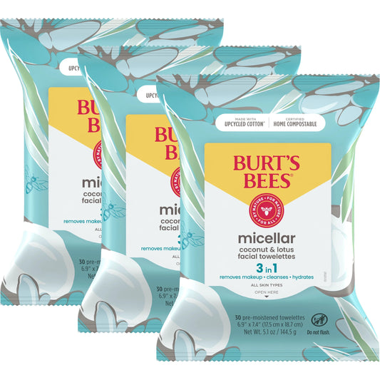 Micellar Facial Towelettes with Coconut and Lotus, 99.5 Percent Natural Origin, 30 Ct. Package (3-Pack)